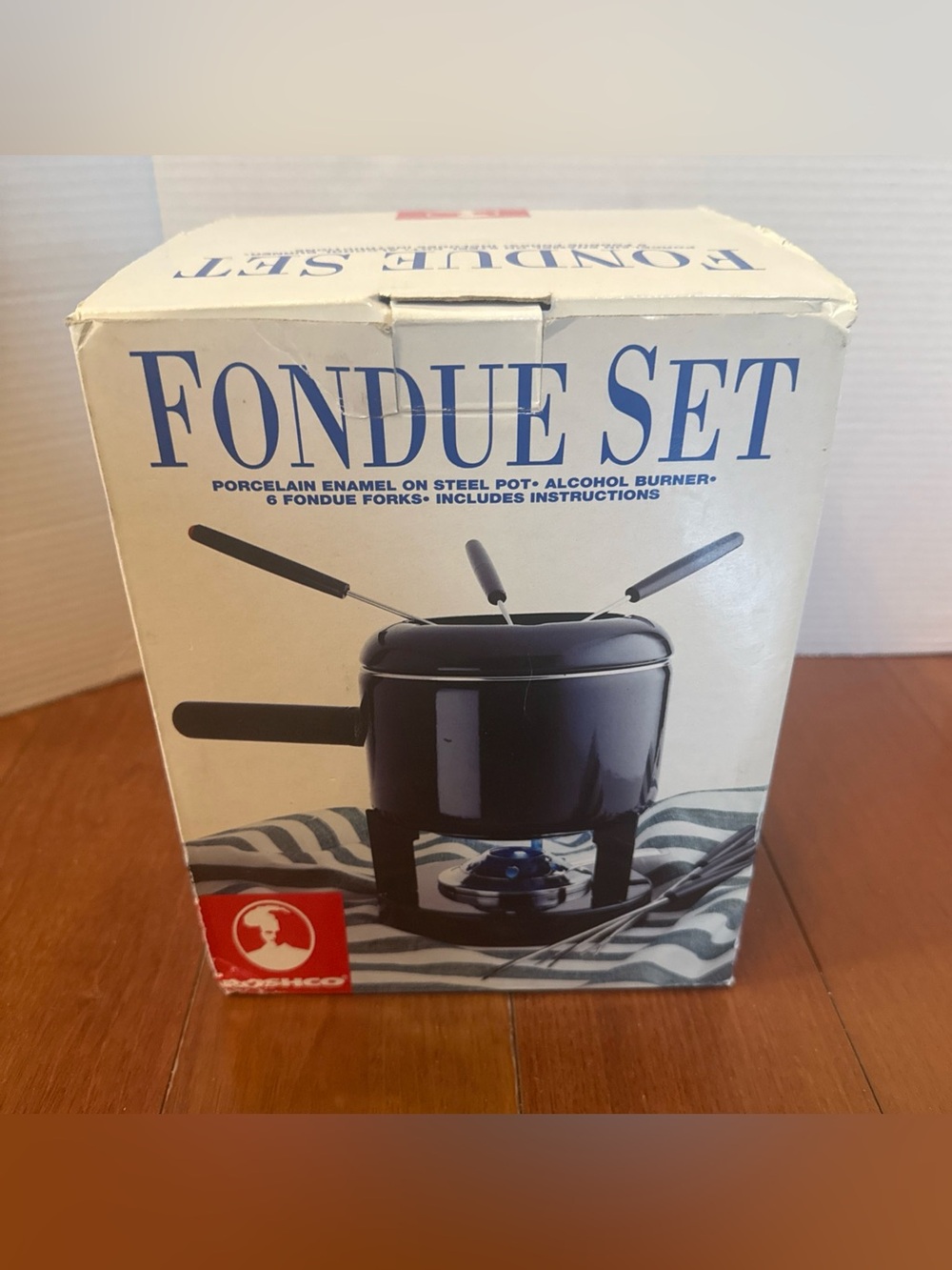 Roshco Black Porcelain Enamel On Steel Fondue Pot Alcohol Burner 6 Forks NOB
